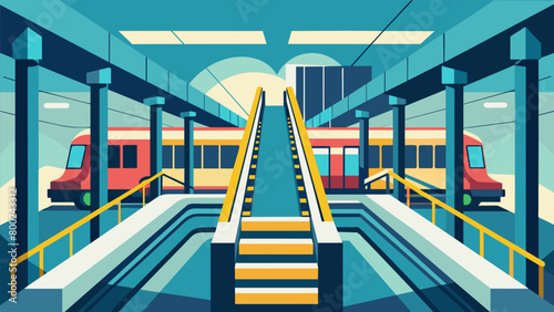 A subway station with elevators and escalators that feature clear bold markings to aid passengers with depth perception or who may have difficulty. Vector illustration
