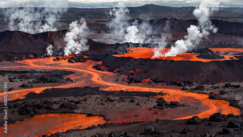Volcanic landscape with steaming vents and lava fields. photo