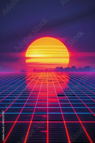 80s synthwave sun set, grid of digital lines in foreground, glowing neon colors, orange gradient on the horizon, dark purple sky