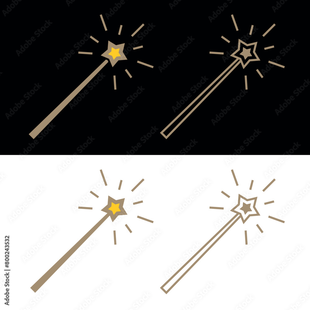 Magic wand icons set. Attribute of a wizard or fairy. Item for spell, magic or witchcraft. Magic wand icons set. Attribute of a wizard or fairy. Item for spell, magic or witchcraft.
