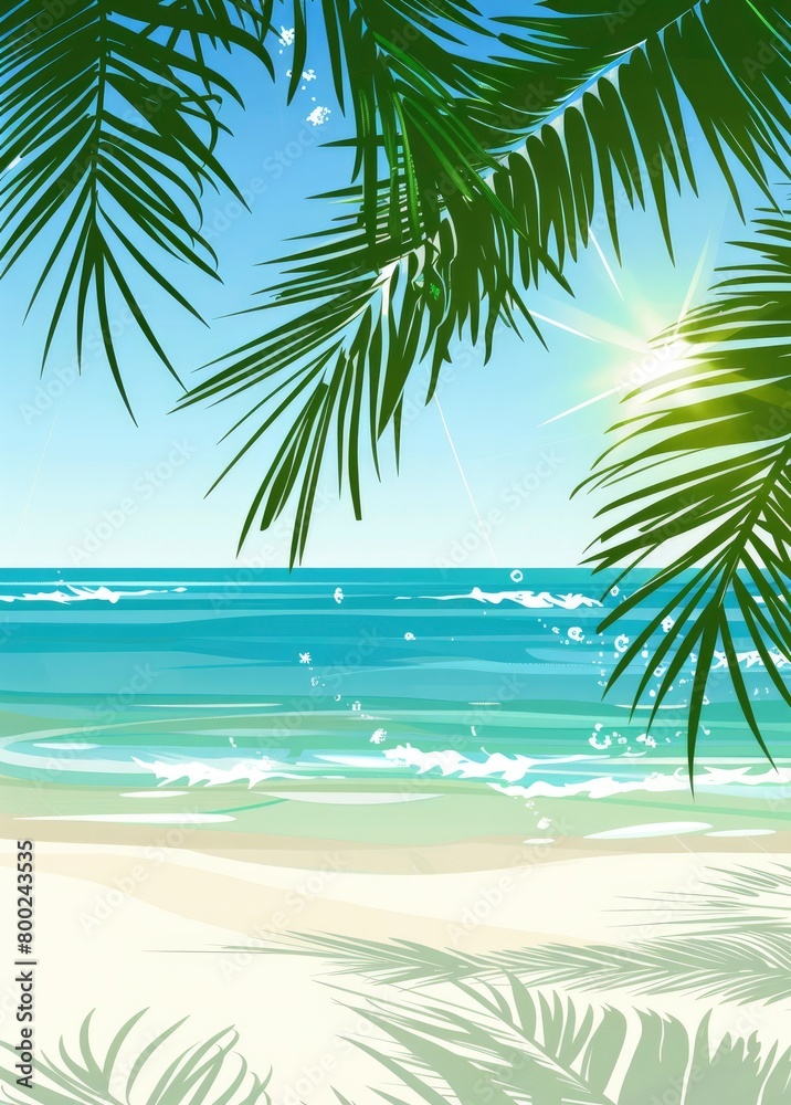 beach background with light blue sea, palm leaves hanging in the upper left corner and sunlight shining on it.