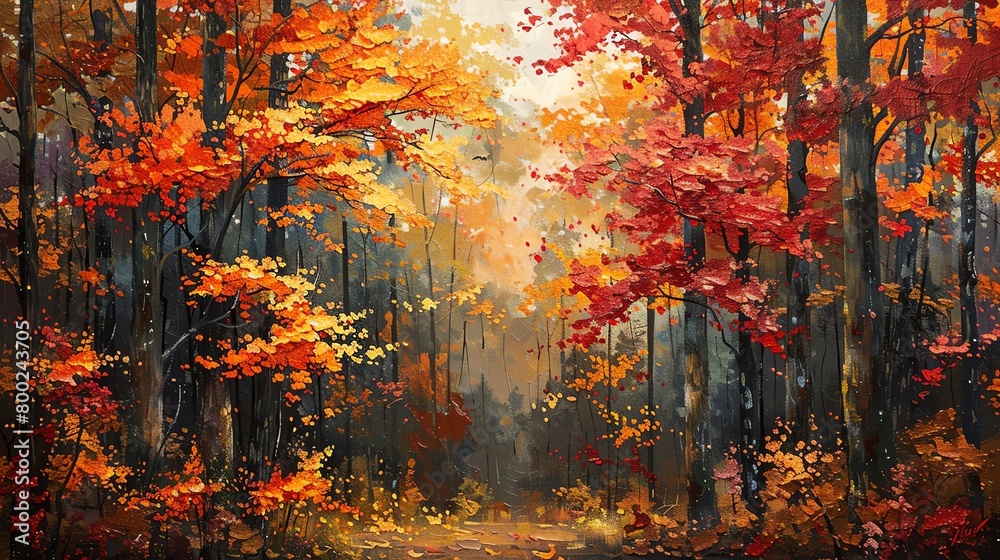 Vibrant hues of red, orange, and gold blending seamlessly in the forest canopy