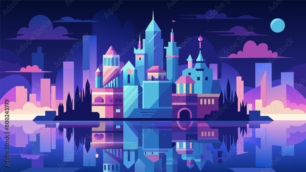 The city is transformed into a magical wonderland as the illuminated buildings and landmarks are reflected in the glistening waters below.. Vector illustration