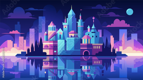 The city is transformed into a magical wonderland as the illuminated buildings and landmarks are reflected in the glistening waters below.. Vector illustration