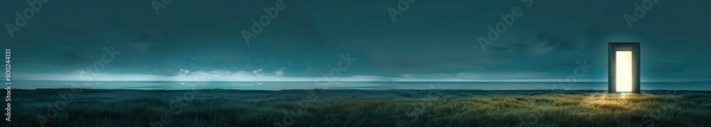An open grassy field with the ocean in the backdrop, a door of bright light standing by itself. The sky is cloudy and has a dark blue hue.