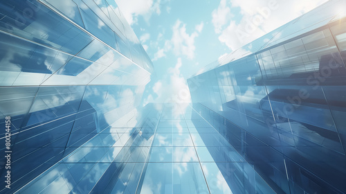 Looking up at a skyscraper made of glass and steel with a blue sky and white clouds in the background.
