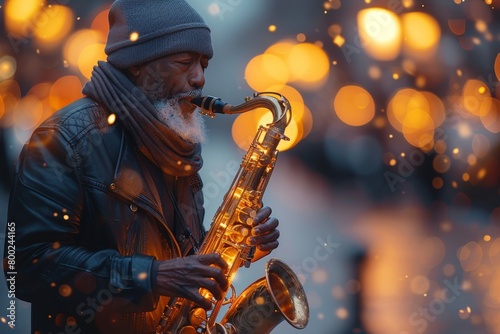 An elderly African American male musician playing saxophone passionately, with festive bokeh lights in the background