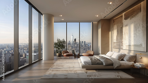 Modern bedroom with floor-to-ceiling windows overlooking a city skyline