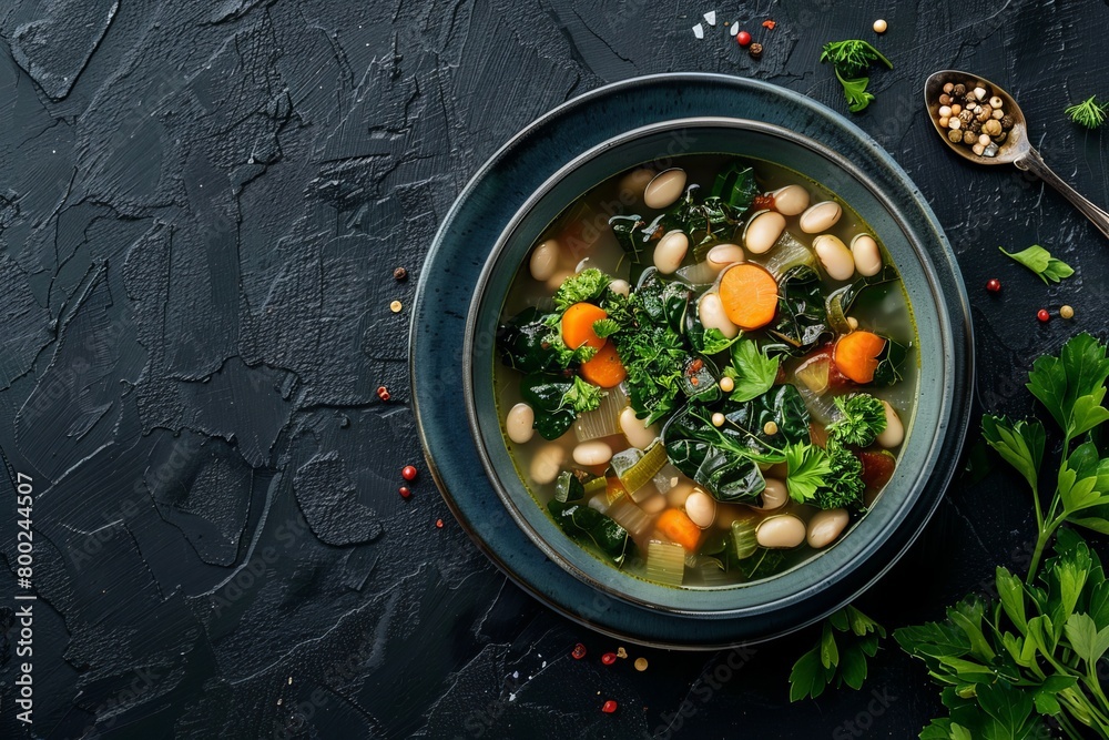 Italian cuisine featuring black cabbage soup cannellini beans and vegetables in a blue bowl on a dark background Viewed from above Italian cuisine featuring black cabbage soup cannellini beans and vegetables in a blue bowl on a dark background Viewed from above