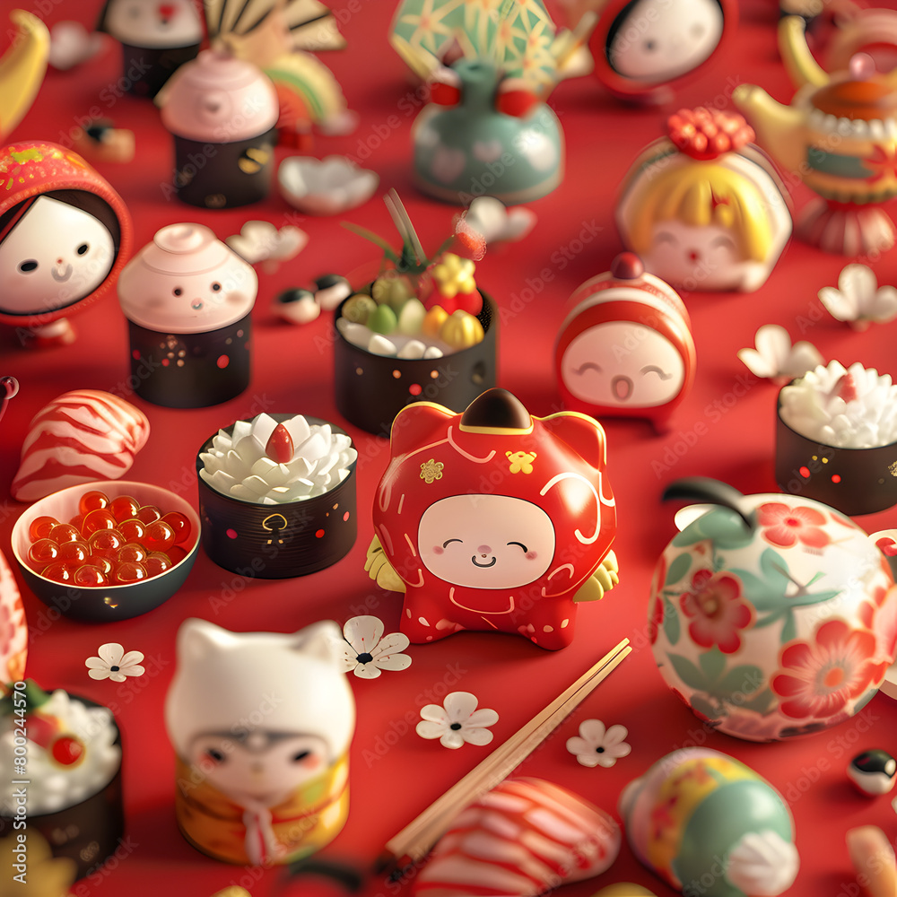 A table with many small figurines and food items, including sushi. The table is red and has a floral pattern. Generative AI