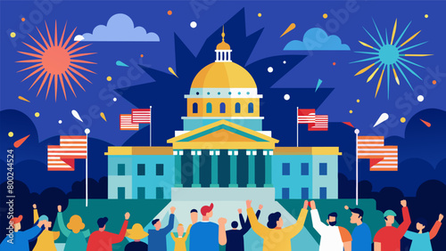 The state capitol comes alive with patriotic spirit as fireworks light up the sky and the echoes of cheering and laughter fill the air.. Vector illustration