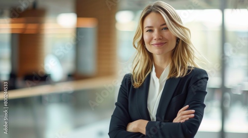 Confident Businesswoman Standing Arms Crossed in Modern Office Environment