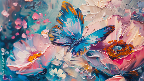 Delicate wildflowers and butterfly on canvas with oil paints. Painting. Picture..