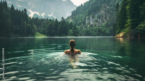 A young woman swimming in a lake © ryker