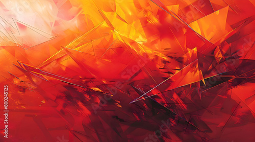 An HD artwork of strong, energetic geometric forms such as expansive rectangles and acute triangles, set in a passionate red and orange color scheme