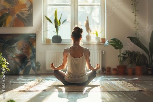 Young woman practicing yoga in a sunlit room