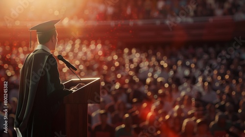 Wallpaper Mural Young man in graduation gown and cap giving speech at the podium on stage against blurred crowd of people during festive university or college warmth, lens flare, sunset light, high resolution. Torontodigital.ca