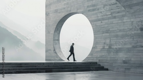 A man in a suit walks past an arch with a large hole in the wall, stairs leading up to it, mountains outside photo