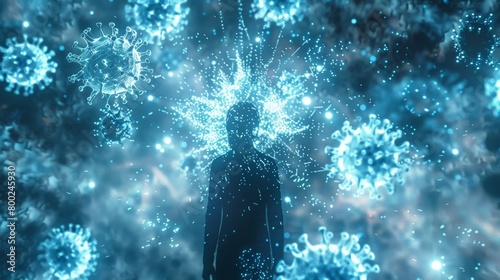 A person stands strong amidst a storm of microscopic viruses protected by a shield of glowing energy..