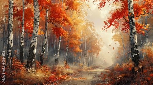 Artwork depicting a stunning fall woodland landscape, drawing.