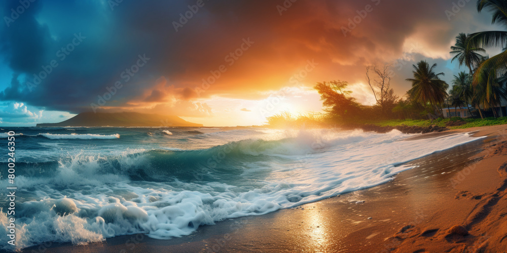 Tropical beach panorama view with foam waves, sea or ocean water under sunset sky. Background of summer waves, sand coastline at evening.