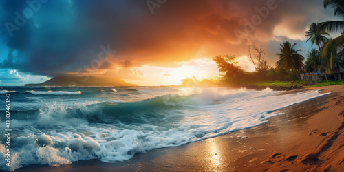 Tropical beach panorama view with foam waves, sea or ocean water under sunset sky. Background of summer waves, sand coastline at evening.