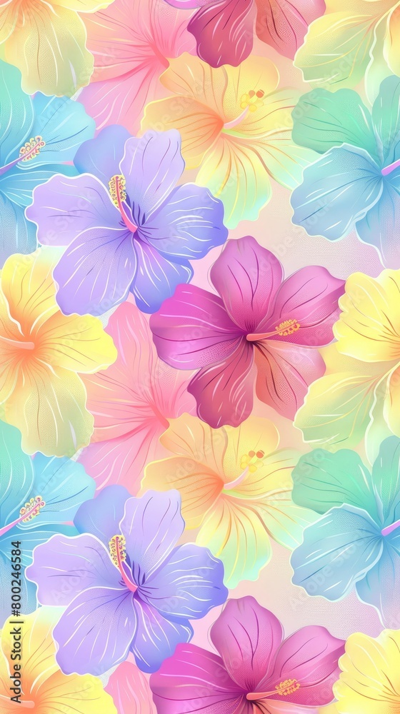 A seamless pattern of rainbow hibiscus flowers, each flower in different colors from light pink to dark purple and yellow