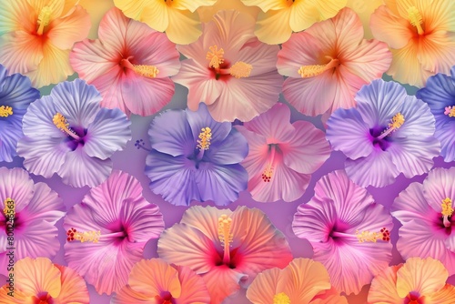 A seamless pattern of rainbow hibiscus flowers  each flower in different colors from light pink to dark purple and yellow