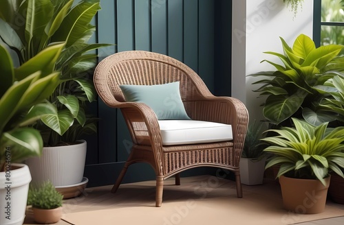 Cozy wicker chair among potted plants