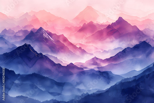 A light watercolor painting of high mountains, capturing the serene and peaceful beauty of the natural landscape.