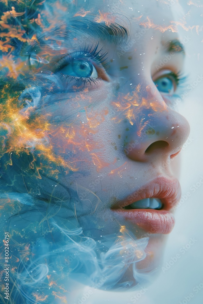 Capture a stunning and dreamy image featuring a captivating woman surrounded by a vivid mix of digital artistry and cosmic elements, created with the help of innovative AI technology.