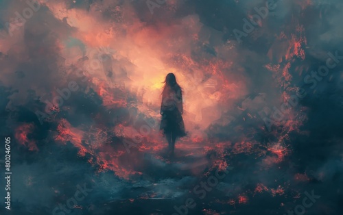 A woman stands by herself in the midst of billowing smoke in a detailed illustration.