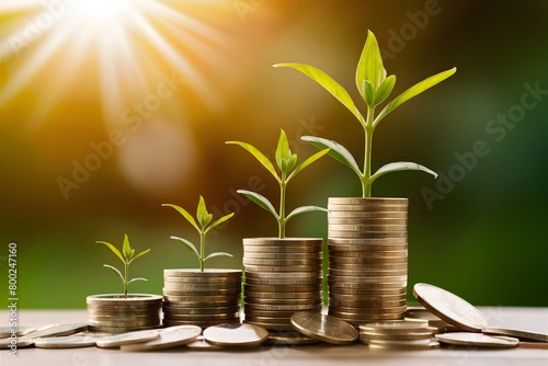 Coins stacked with plants growing, symbolizing financial and natural growth on gradient background for prosperity illustration