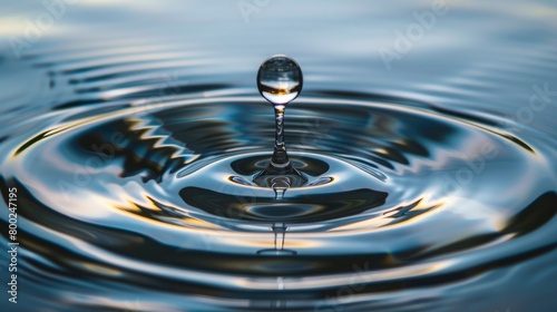 single drop of water falling into the calm surface, creating ripples that spread out in an elegant pattern