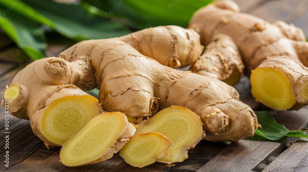 Artistic arrangement of fresh ginger on wooden table creating an inviting and welcoming scene Artistic arrangement of fresh ginger on wooden table creating an inviting and welcoming scene