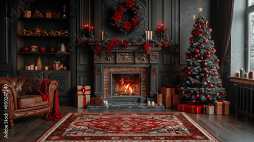 Festive living room with christmas tree decor. Generative AI