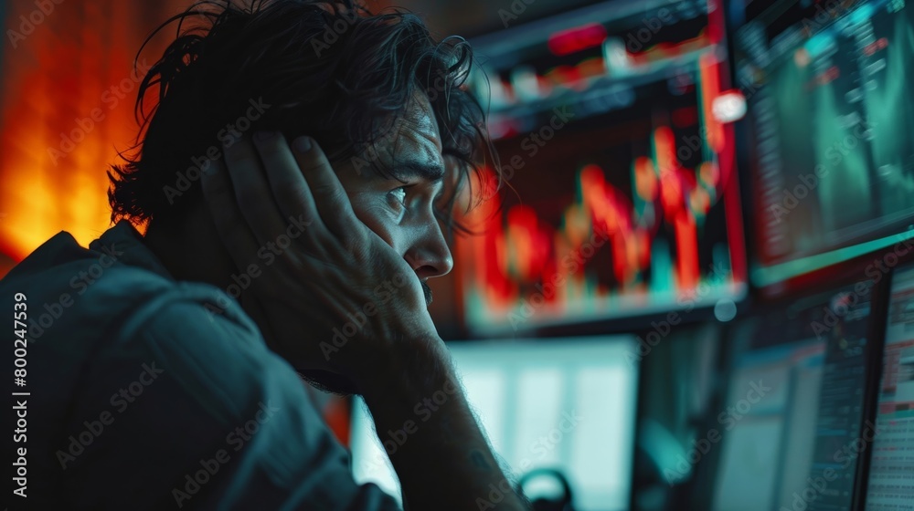 Anxious businessman feeling overwhelmed witnessing the decline of the stock market and his business struggling due to the economic downturn - Financial turmoil