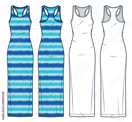 Tank Top Dress technical fashion illustration, striped design. Jersey maxi Dress fashion flat technical drawing template, slim fit, front and back view, white, blue, women CAD mockup set.