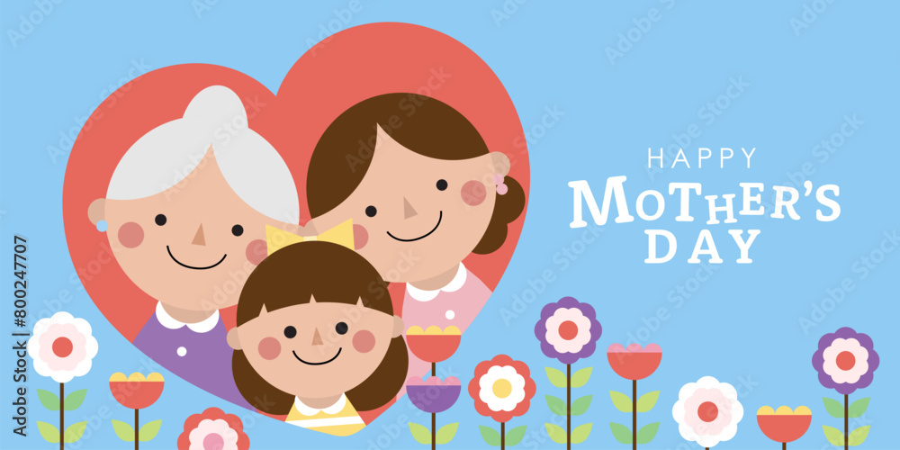 Happy mother's day card with mom, cute daughter, son, grandma and lovely flower. -Vector Happy mother's day card with mom, cute daughter, son, grandma and lovely flower. -Vector