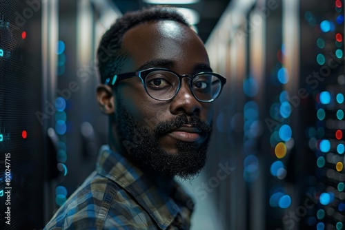 Photo of African American technician working in a data center. AI technology.