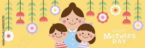 Happy mother's day card with mom, cute daughter, son, grandma and lovely flower. -Vector