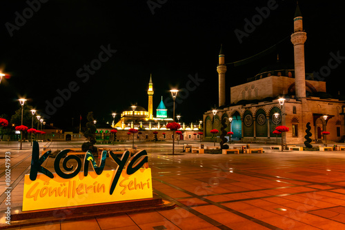Unique view under the night lights of Mevlana Tomb and Mosque. Konya, Turkey.