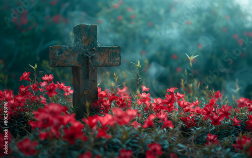 Cross standing amidst red flowers. Generative AI