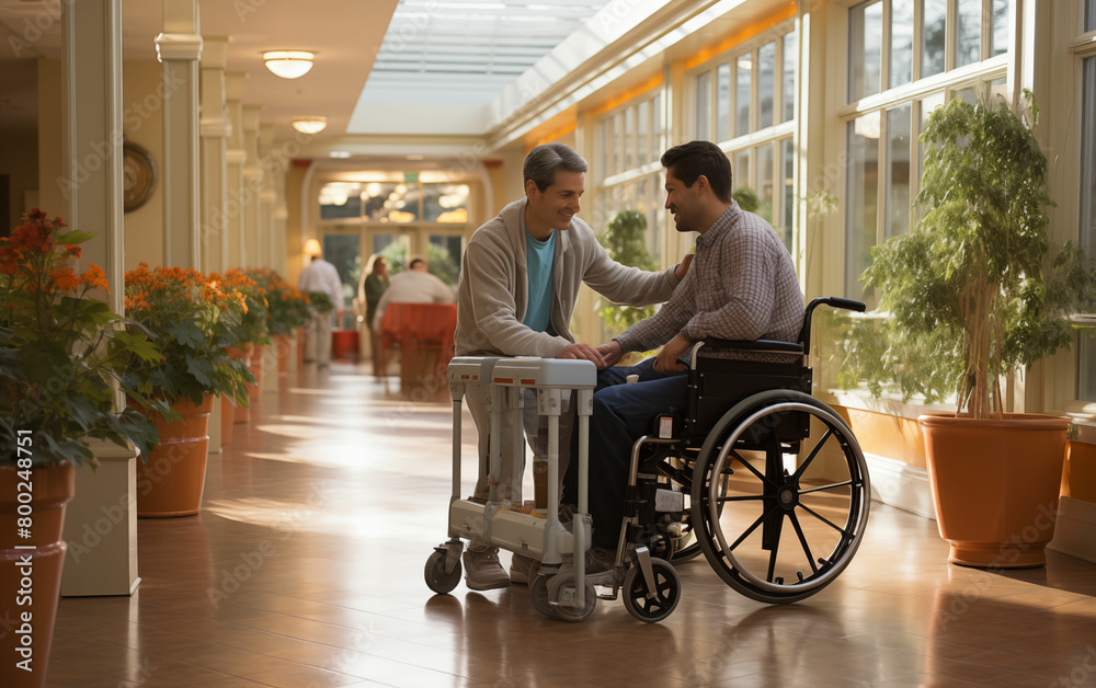 Man in wheelchair talking to woman. Generative AI Man in wheelchair talking to woman. Generative AI