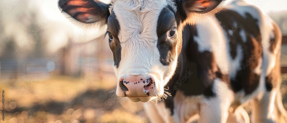  baby calf is standing in an empty farm yard, blurred background