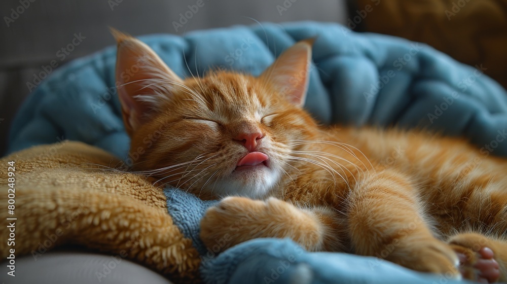 Red domestic cat licks his paw. Red domestic cat is washing. Red domestic cat lies on a chair and washes itself before going to sleep.