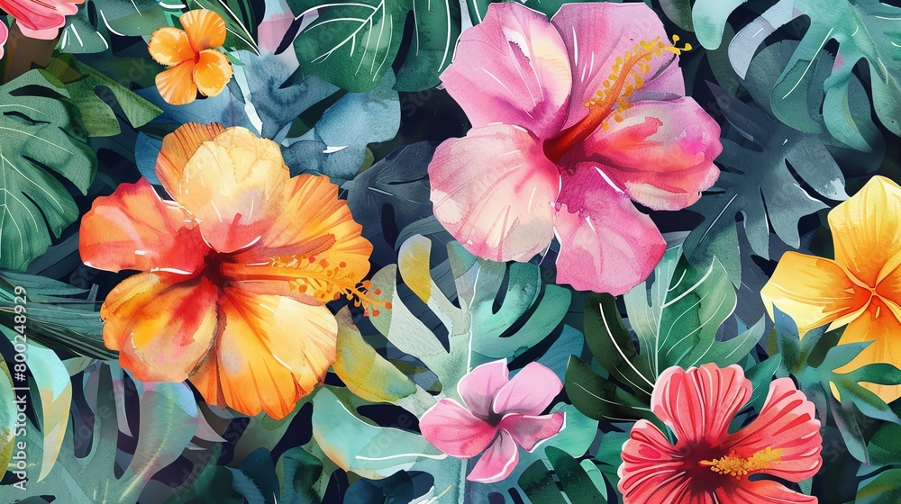 Tropical flowers pattern, watercolor style, bright and bold hues, closeup perspective Tropical flowers pattern, watercolor style, bright and bold hues, closeup perspective