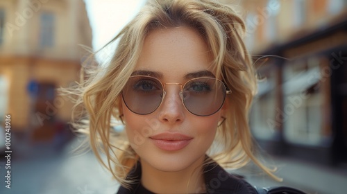 An elegant blonde woman wearing a black leather jacket, black stylish sunglasses and a casual hairstyle on the street...