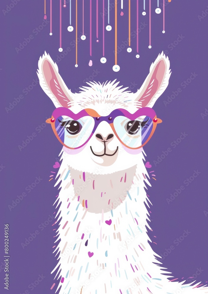 Cute white llama wearing heart-shaped glasses, pastel purple background