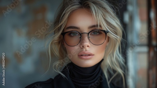 Blonde woman on the street in a black classic jacket and black stylish sunglasses. Close-up portrait of a blonde woman. Casual style.